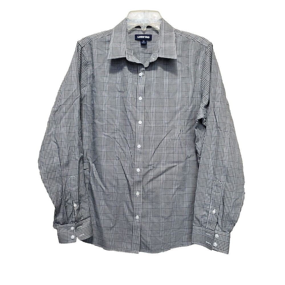 Lands' End Women's No Iron Supima Cotton Plaid Button-Up Shirt Size 14